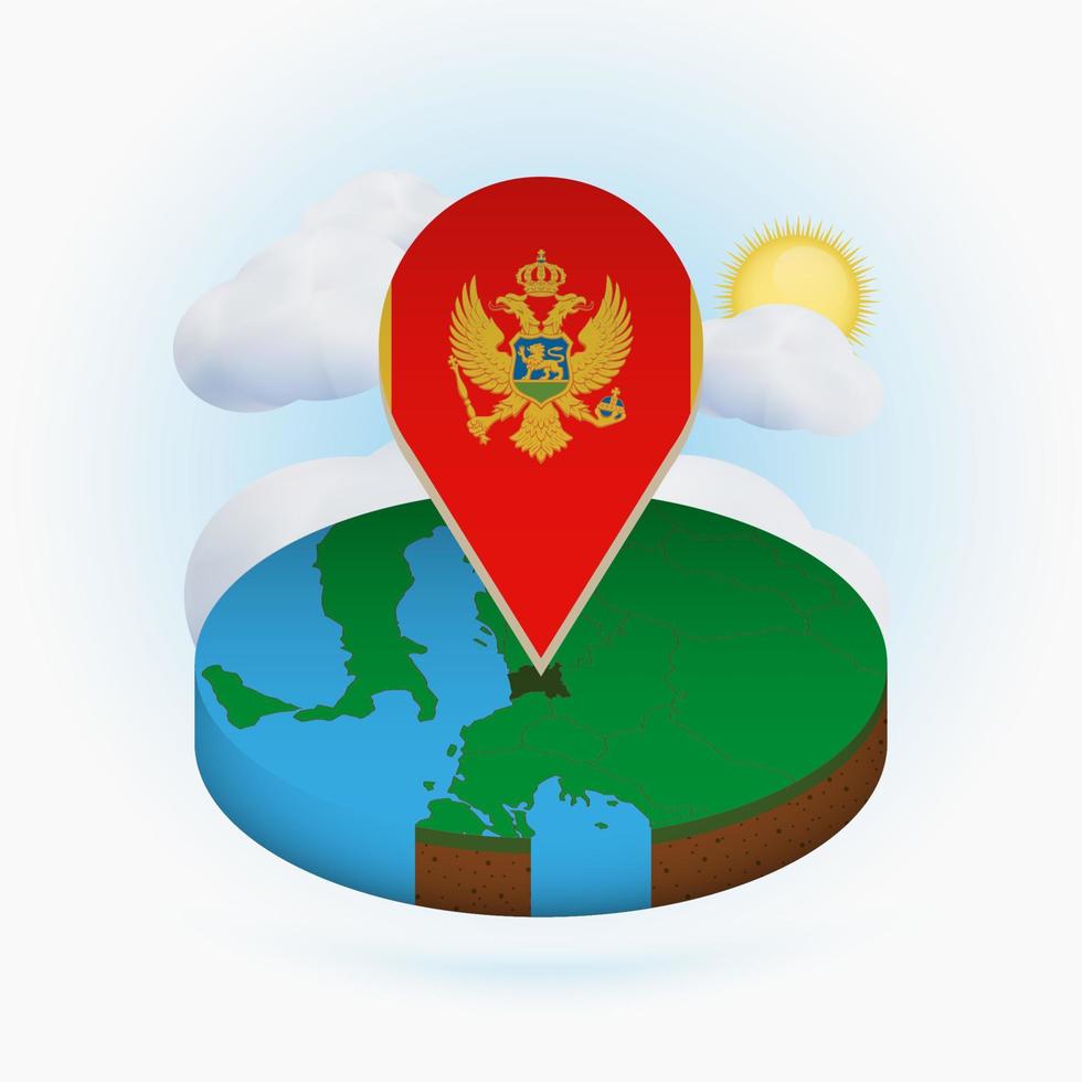 Isometric round map of Montenegro and point marker with flag of Montenegro. Cloud and sun on background. vector