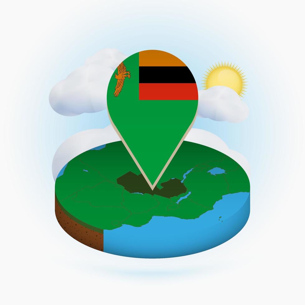 Isometric round map of Zambia and point marker with flag of Zambia. Cloud and sun on background. vector