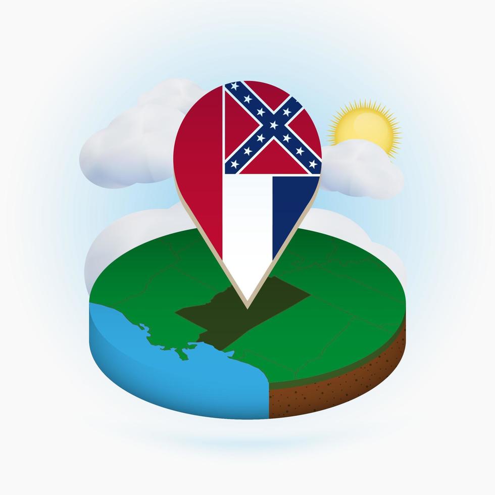 mapa redondo isométrico del estado estadounidense de mississippi y marcador de puntos con bandera de mississippi. nube y sol en el fondo. vector