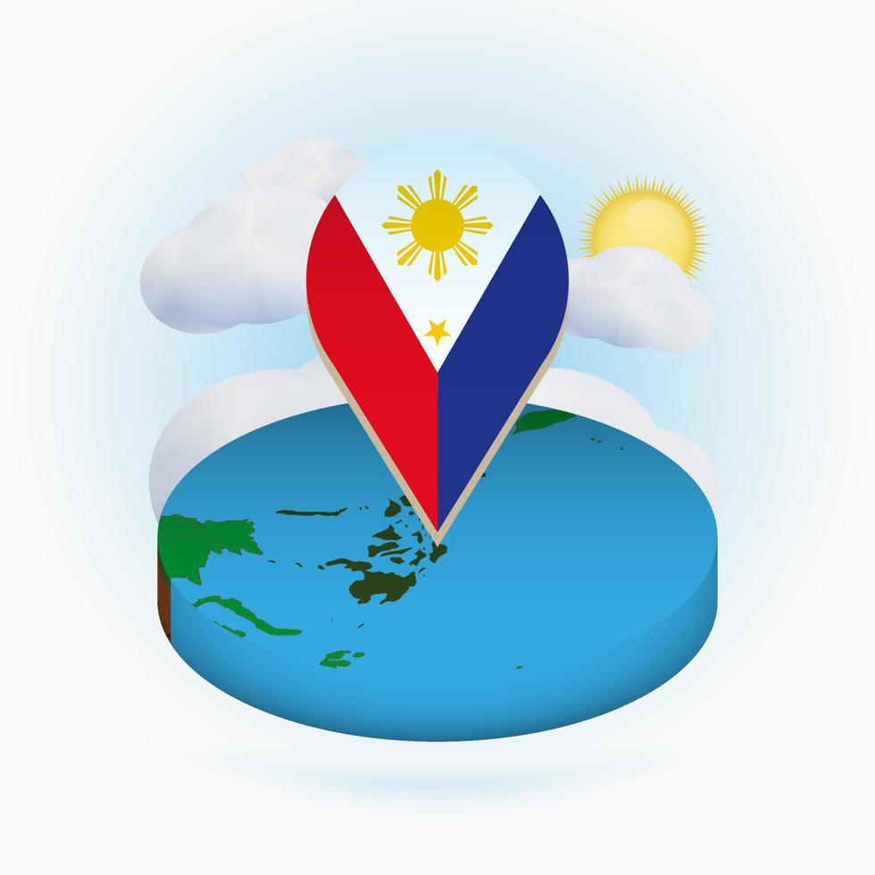 mapa redondo isométrico de filipinas y marcador de puntos con bandera de filipinas. nube y sol en el fondo. vector