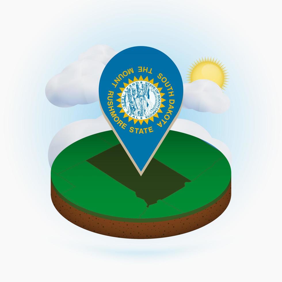 Isometric round map of US state South Dakota and point marker with flag of South Dakota. Cloud and sun on background. vector