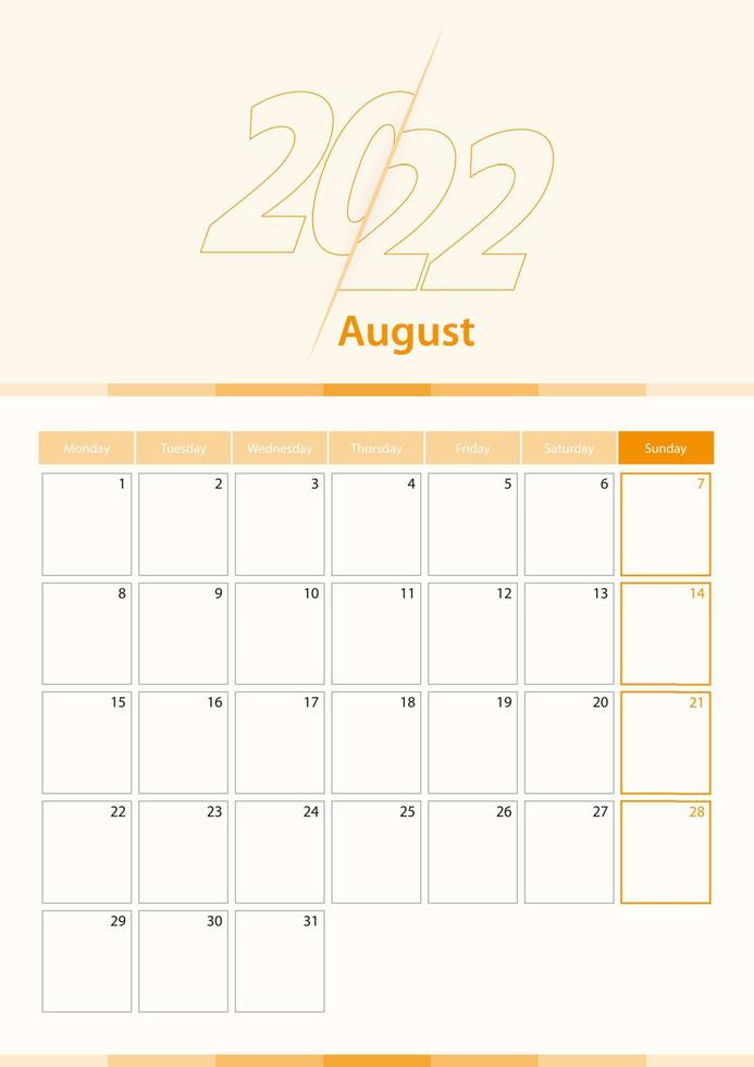 Modern vector vertical calendar sheet for August 2022, planner in English.