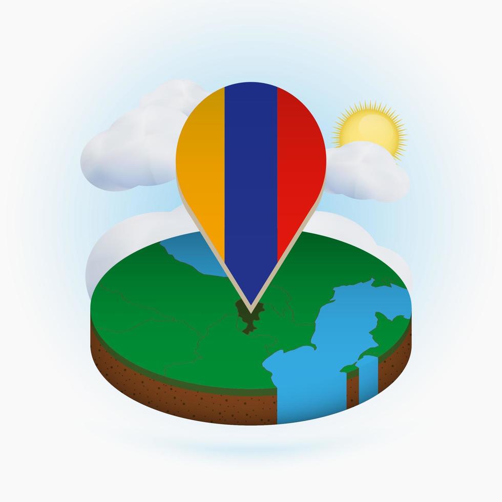 Isometric round map of Armenia and point marker with flag of Armenia. Cloud and sun on background. vector