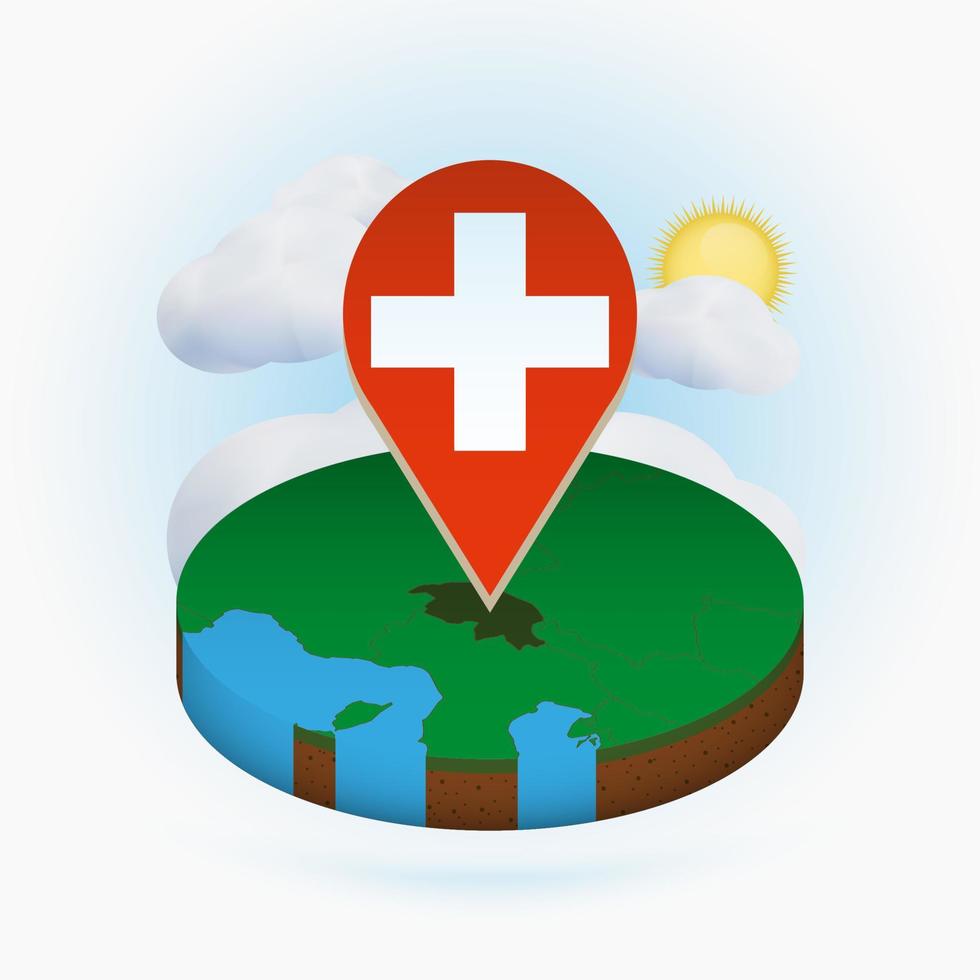 Isometric round map of Switzerland and point marker with flag of Switzerland. Cloud and sun on background. vector