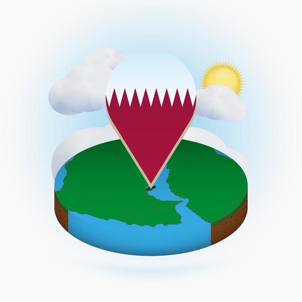 Isometric round map of Qatar and point marker with flag of Qatar. Cloud and sun on background. vector