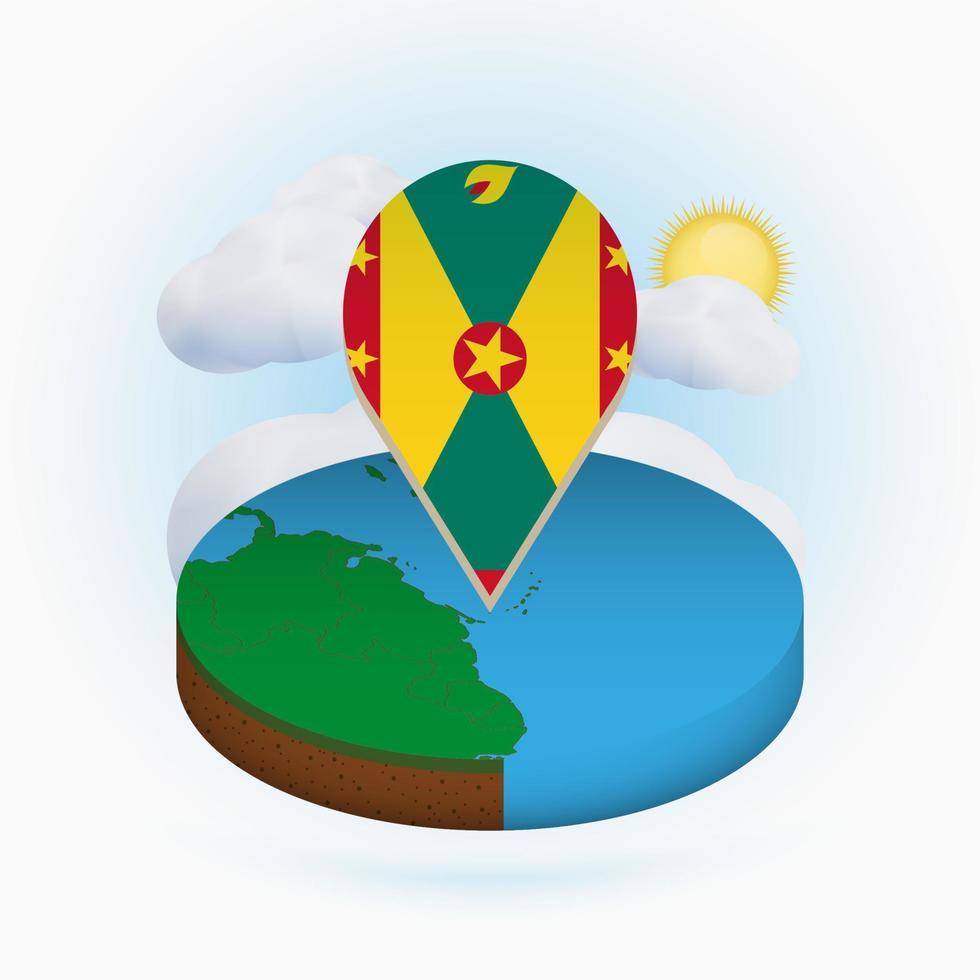 Isometric round map of Grenada and point marker with flag of Grenada. Cloud and sun on background. vector