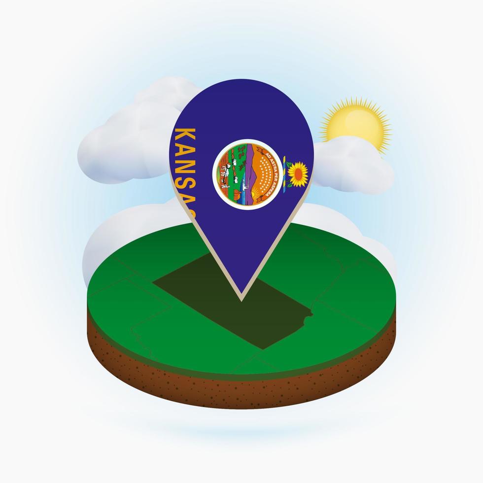 Isometric round map of US state Kansas and point marker with flag of Kansas. Cloud and sun on background. vector