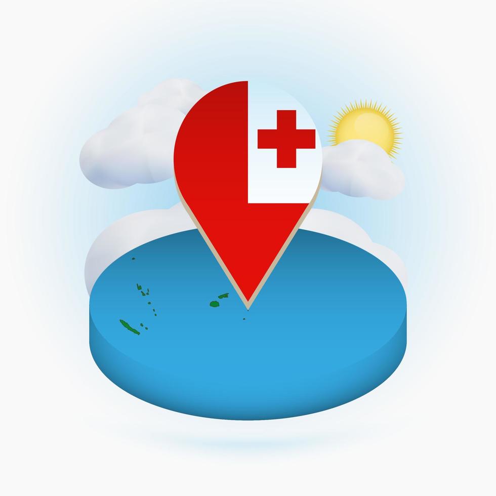 Isometric round map of Tonga and point marker with flag of Tonga. Cloud and sun on background. vector