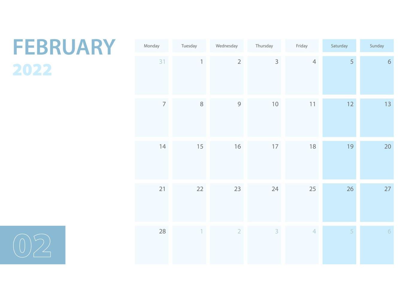 Calendar template for the February 2022, the week starts on Monday. The calendar is in a blue color scheme. vector