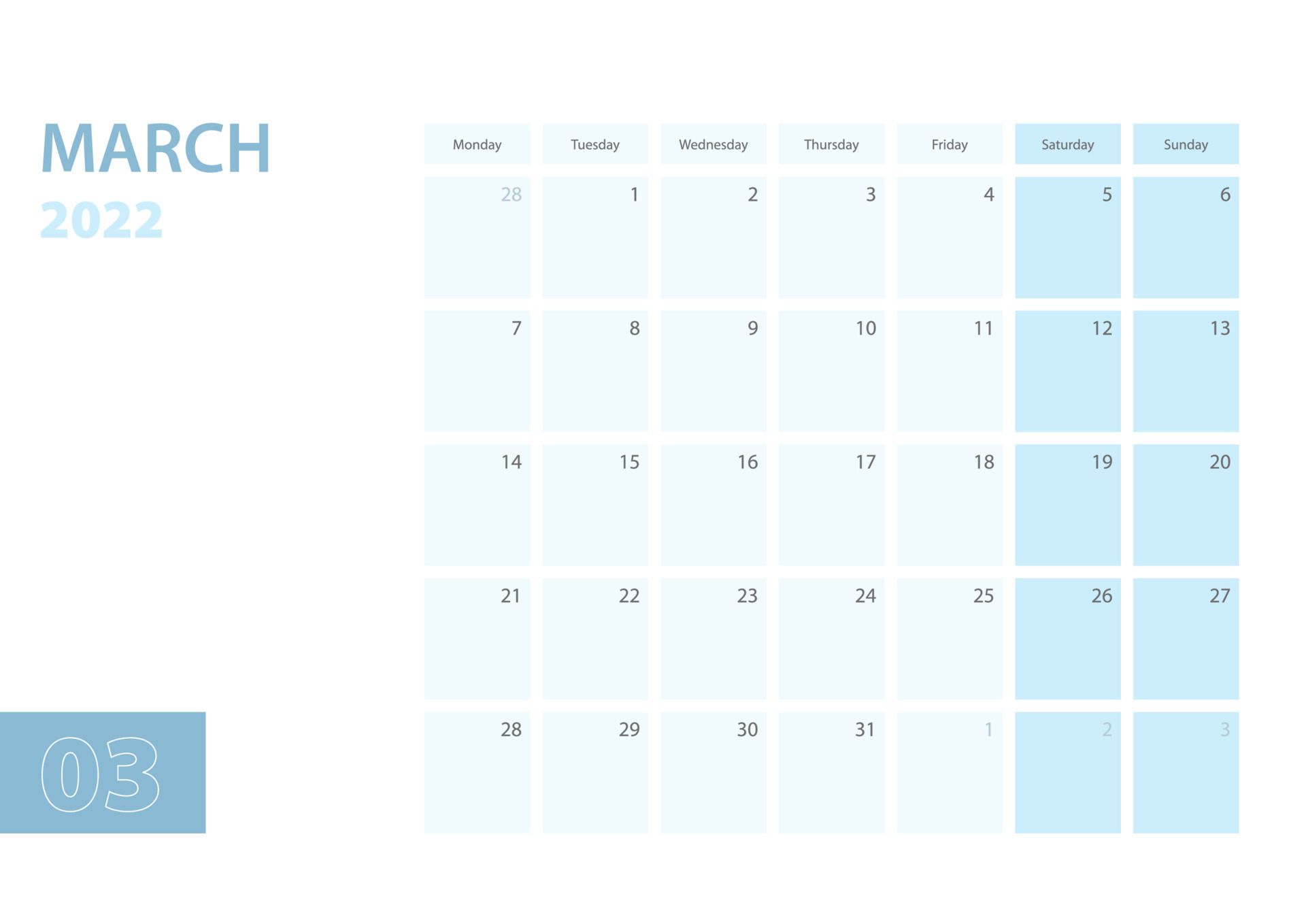 Calendar template for the March 2022, the week starts on Monday. The