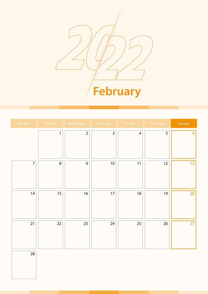 hoja de calendario vertical vectorial moderna para febrero de 2022, planificador en inglés. vector