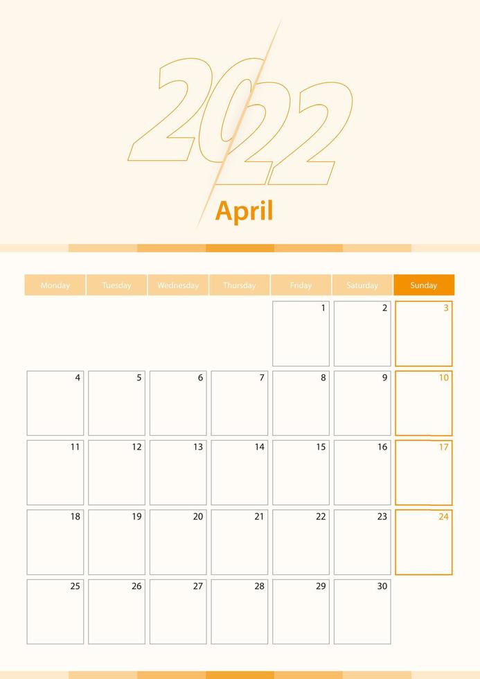 Modern vector vertical calendar sheet for April 2022, planner in English.