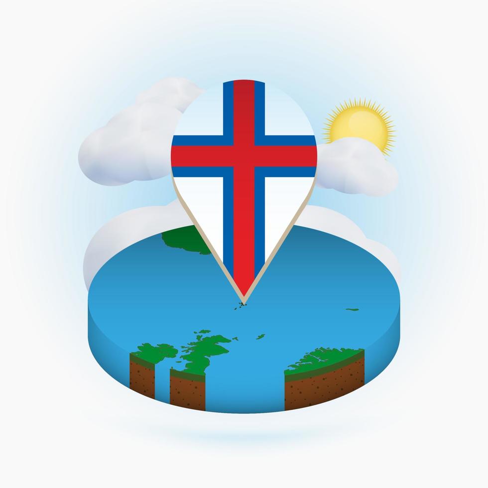 Isometric round map of Faroe Islands and point marker with flag of Faroe Islands. Cloud and sun on background. vector