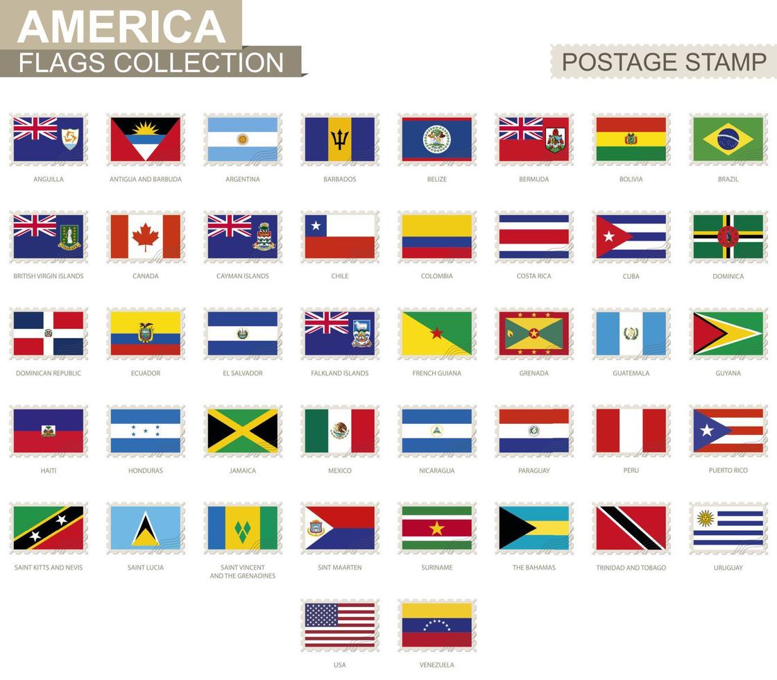 Postage stamp with America flags. Set of 42 American flag. vector