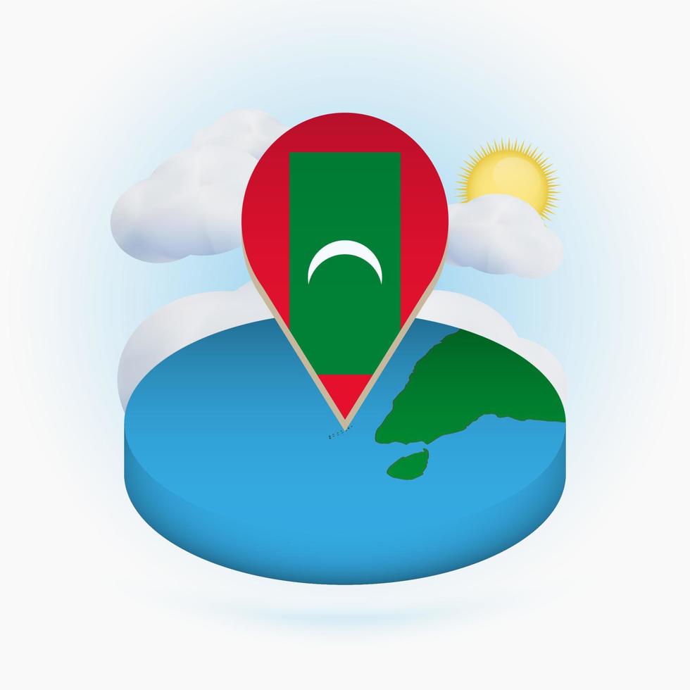 Isometric round map of Maldives and point marker with flag of Maldives. Cloud and sun on background. vector