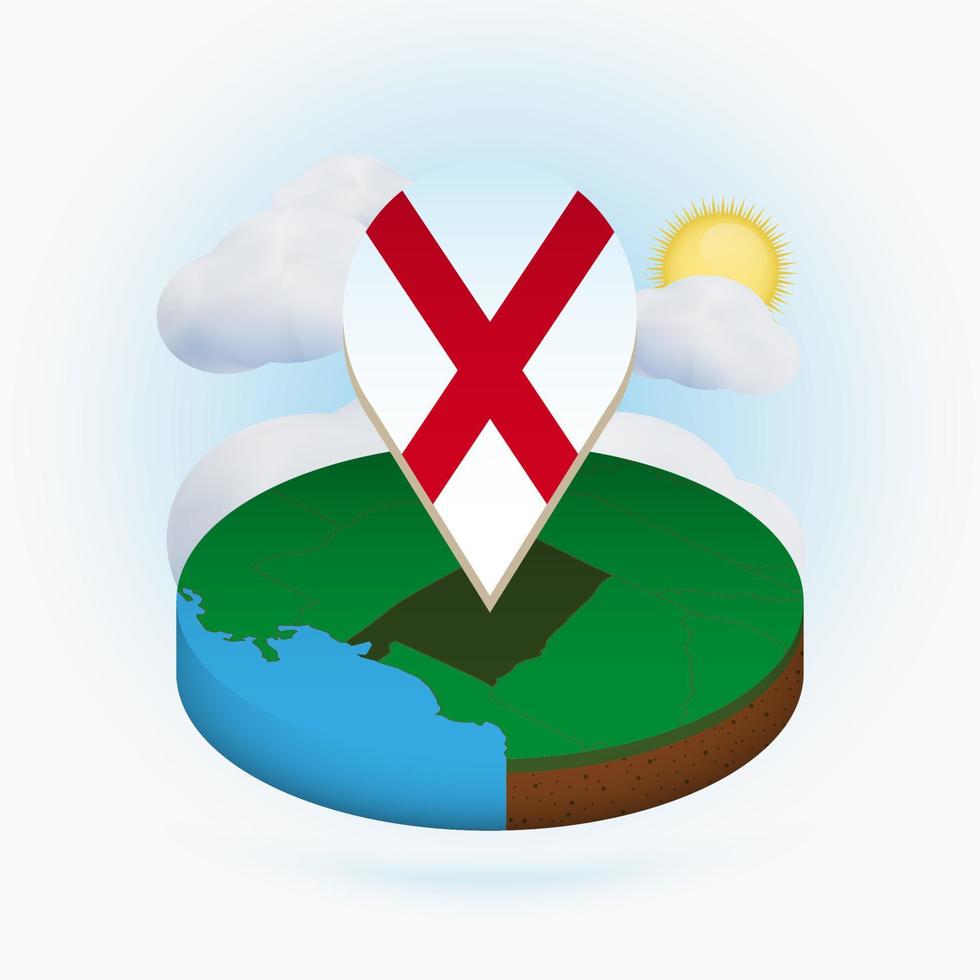 Isometric round map of US state Alabama and point marker with flag of Alabama. Cloud and sun on background. vector