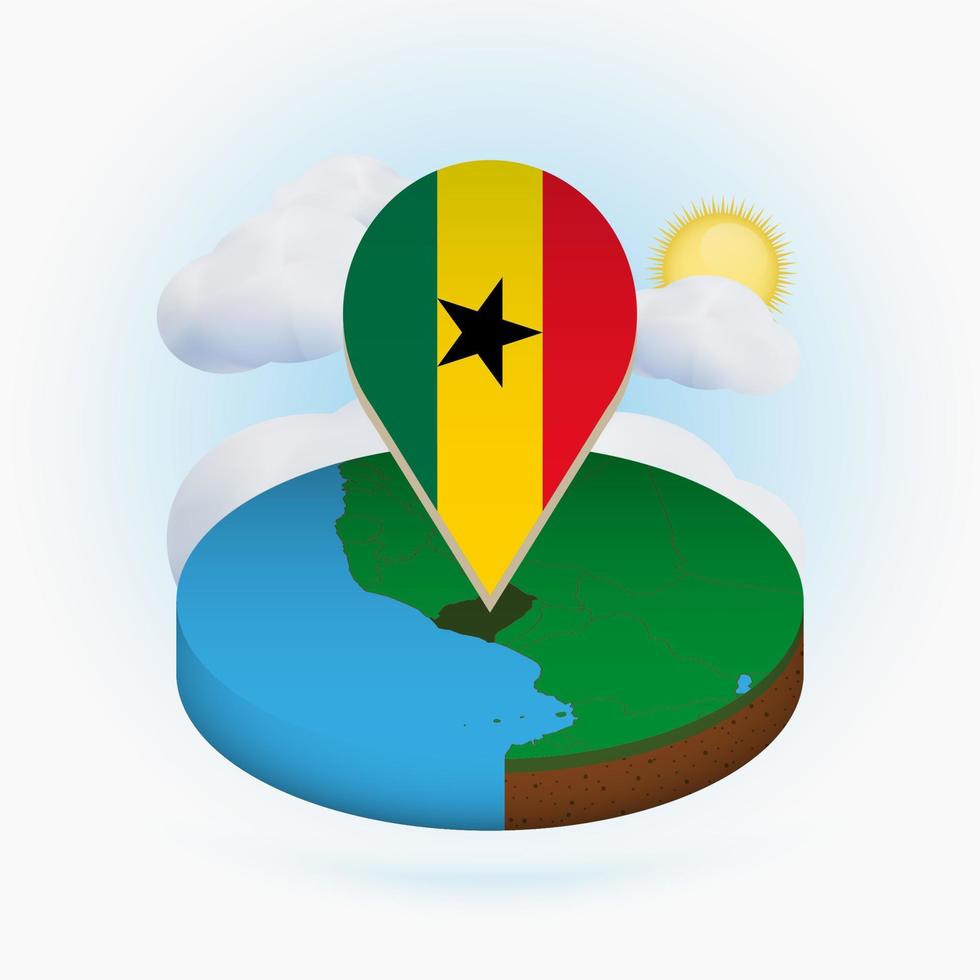 Isometric round map of Ghana and point marker with flag of Ghana. Cloud and sun on background. vector