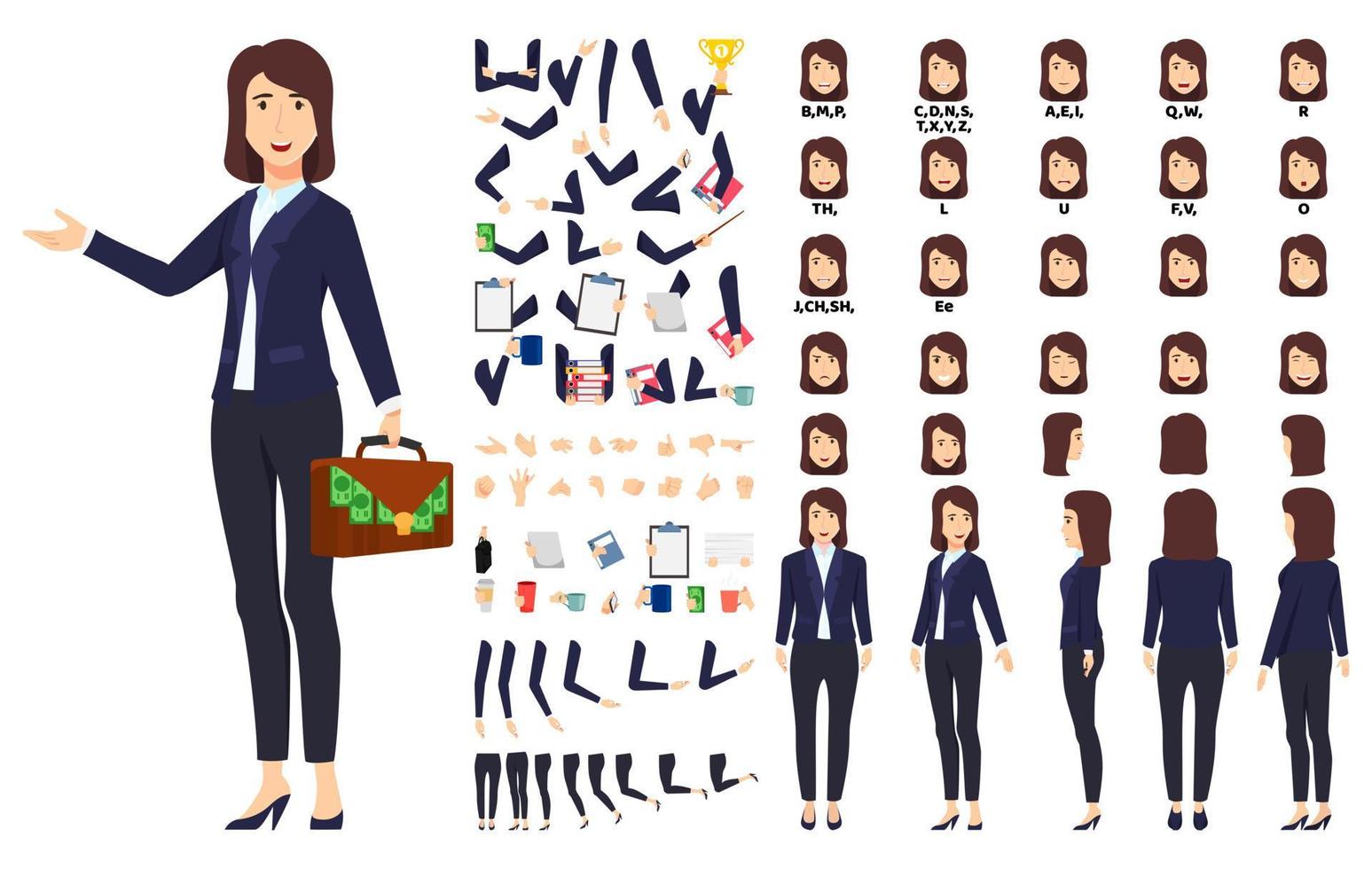 Cartoon businesswoman character standing with office bsh and pointing to with animation set with different position poses lips sync for mouth animation hands set legs set vector