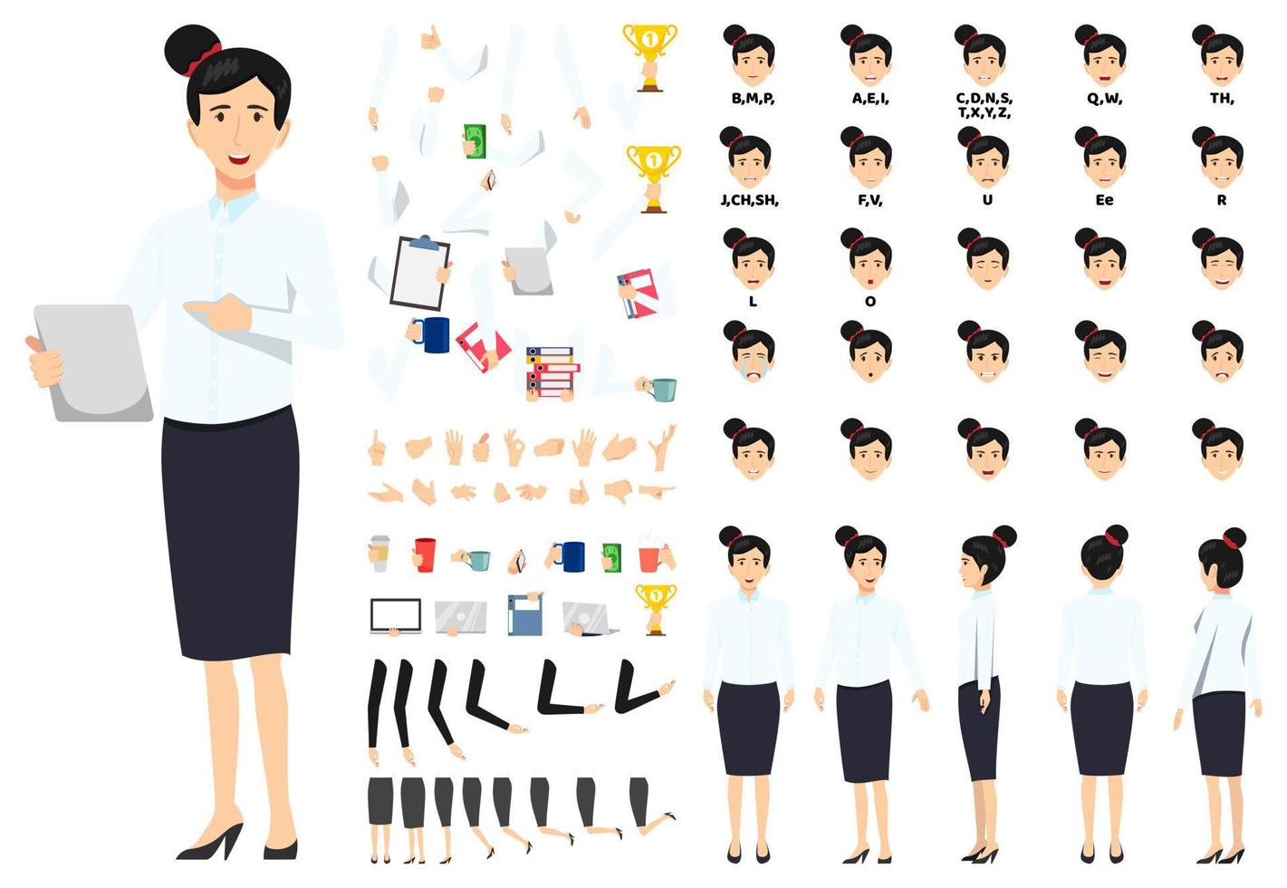 Cartoon businesswoman character standing with tablet pc computer and pointing to with animation set with different position poses lips sync for mouth animation hands set legs set vector