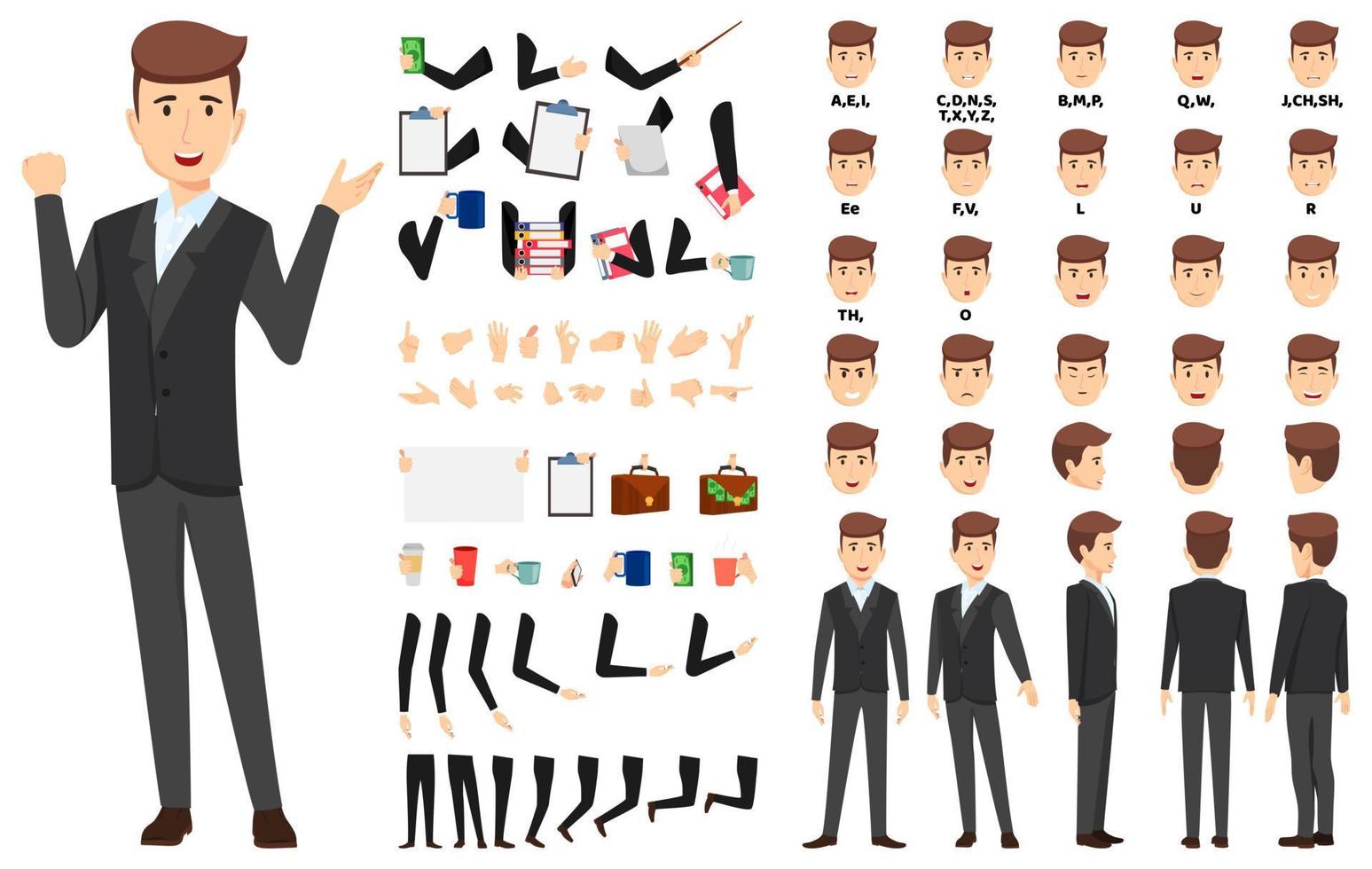 personaje de hombre de negocios de dibujos animados de pie y posando con conjunto de animación con diferentes poses de posición sincronización de labios para animación de boca conjunto de manos conjunto de piernas vector