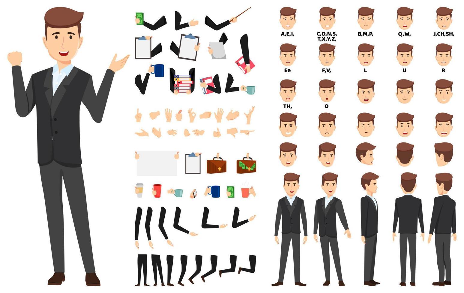 Cartoon businessman character standing and posing with animation set with different position poses lips sync for mouth animation hands set legs set vector