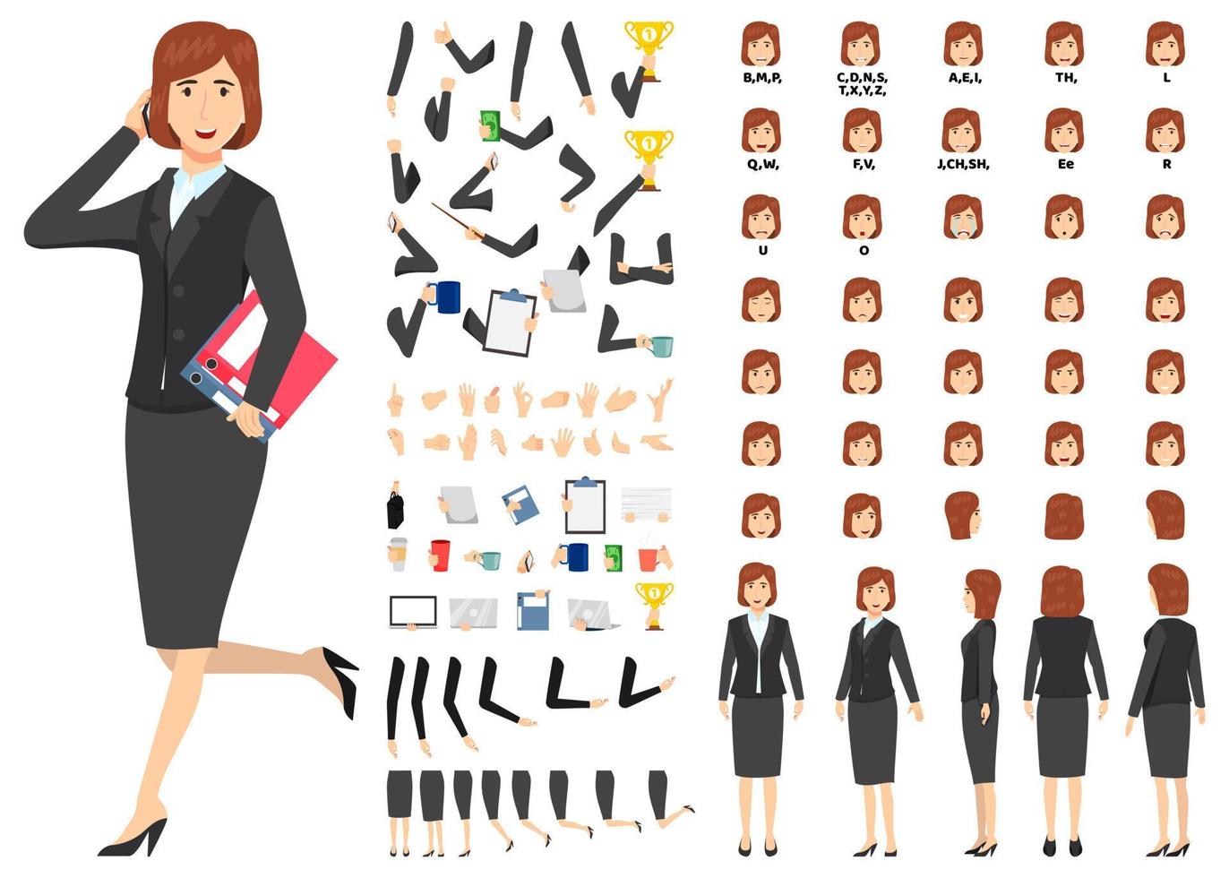 Cartoon businesswoman character standing with file folder and talking with phone with animation set with different position poses lips sync for mouth animation hands set legs set vector
