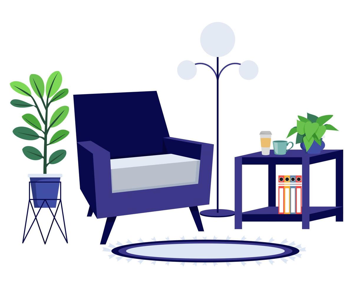 Living room work place for freelancer home office with floor lamp sofa and cabinet and with house plant vector