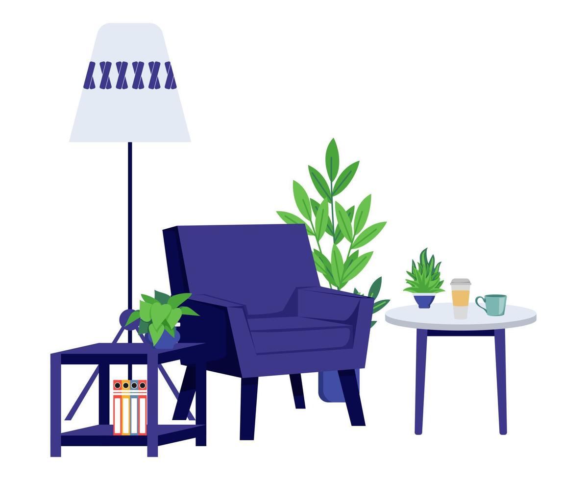 Home office freelancer workplace illustration with modern armchair floor lamp and with house plant books vector