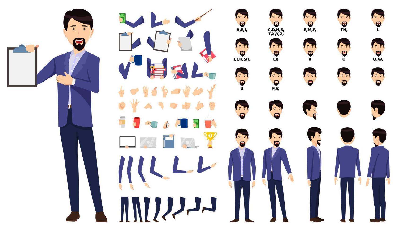 Cartoon businessman character standing with clipboard and pointing to with animation set with different position poses lips sync for mouth animation hands set legs set vector