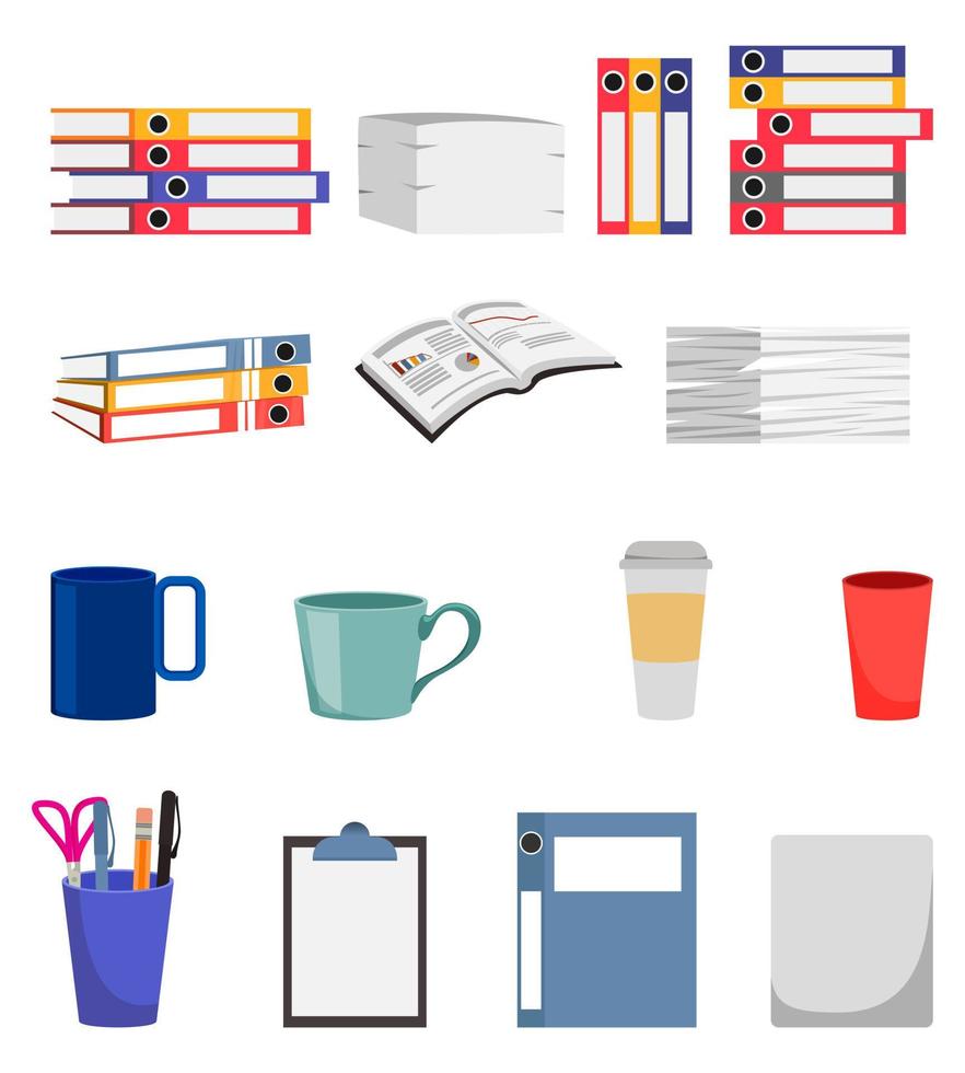 Office equipment set with different equipments files folder clipboard some paper pile isolated vector