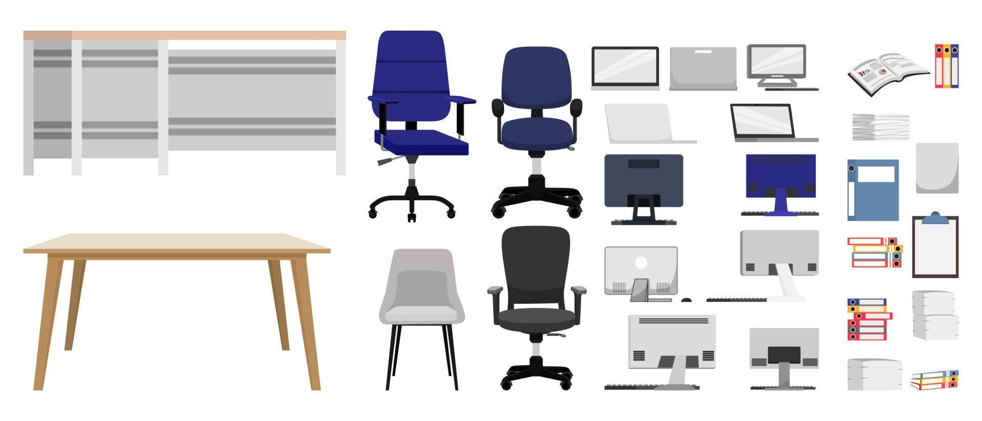 Equipment set for office home office set with chair table pc laptop and coffee cup vector