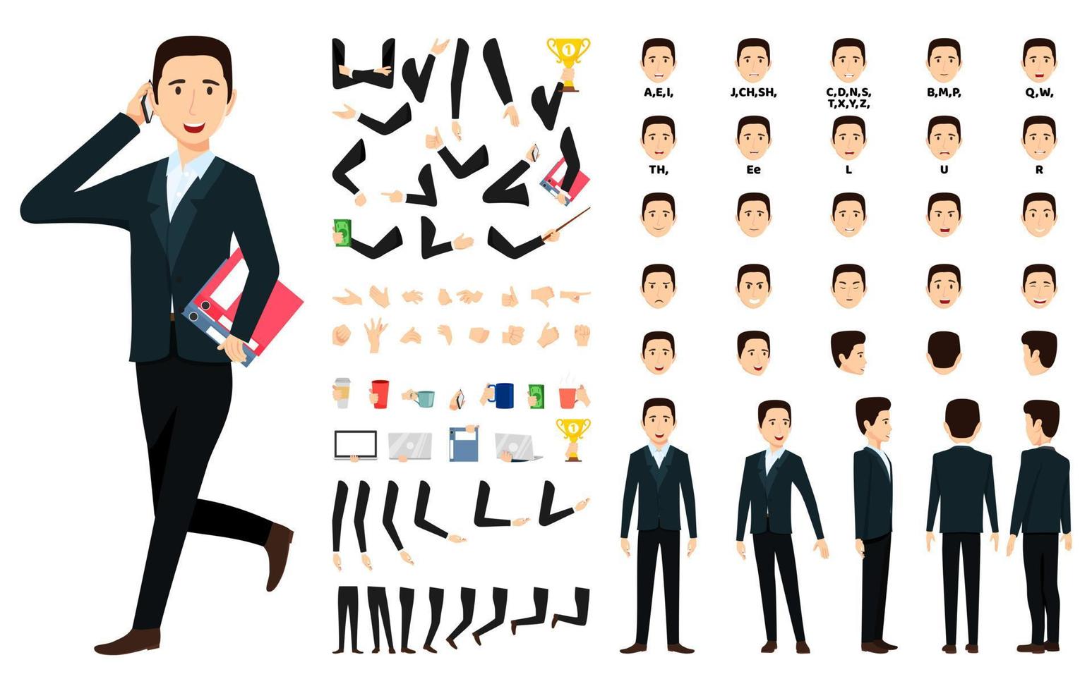 personaje de hombre de negocios de dibujos animados de pie con una carpeta de archivos y hablando con el teléfono con un conjunto de animación con diferentes poses de posición sincronización de labios para la animación de la boca conjunto de manos conjunto de piernas vector