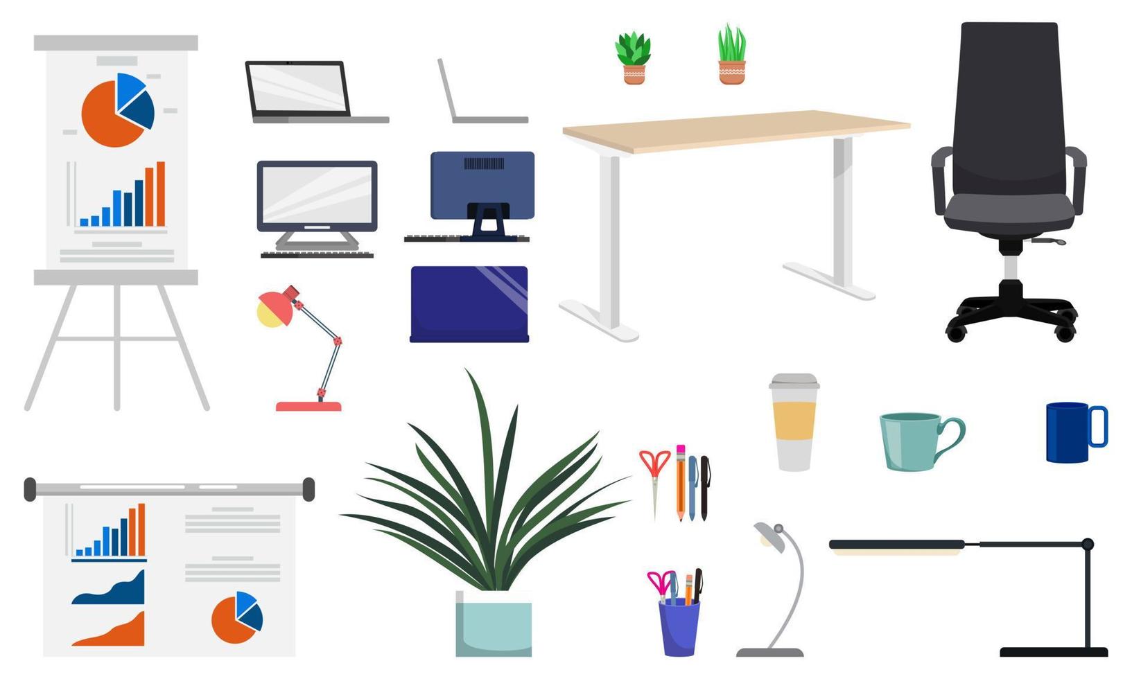 Office equipment set with different equipments files folder clipboard some paper pile chair table pc lamp plant isolated vector