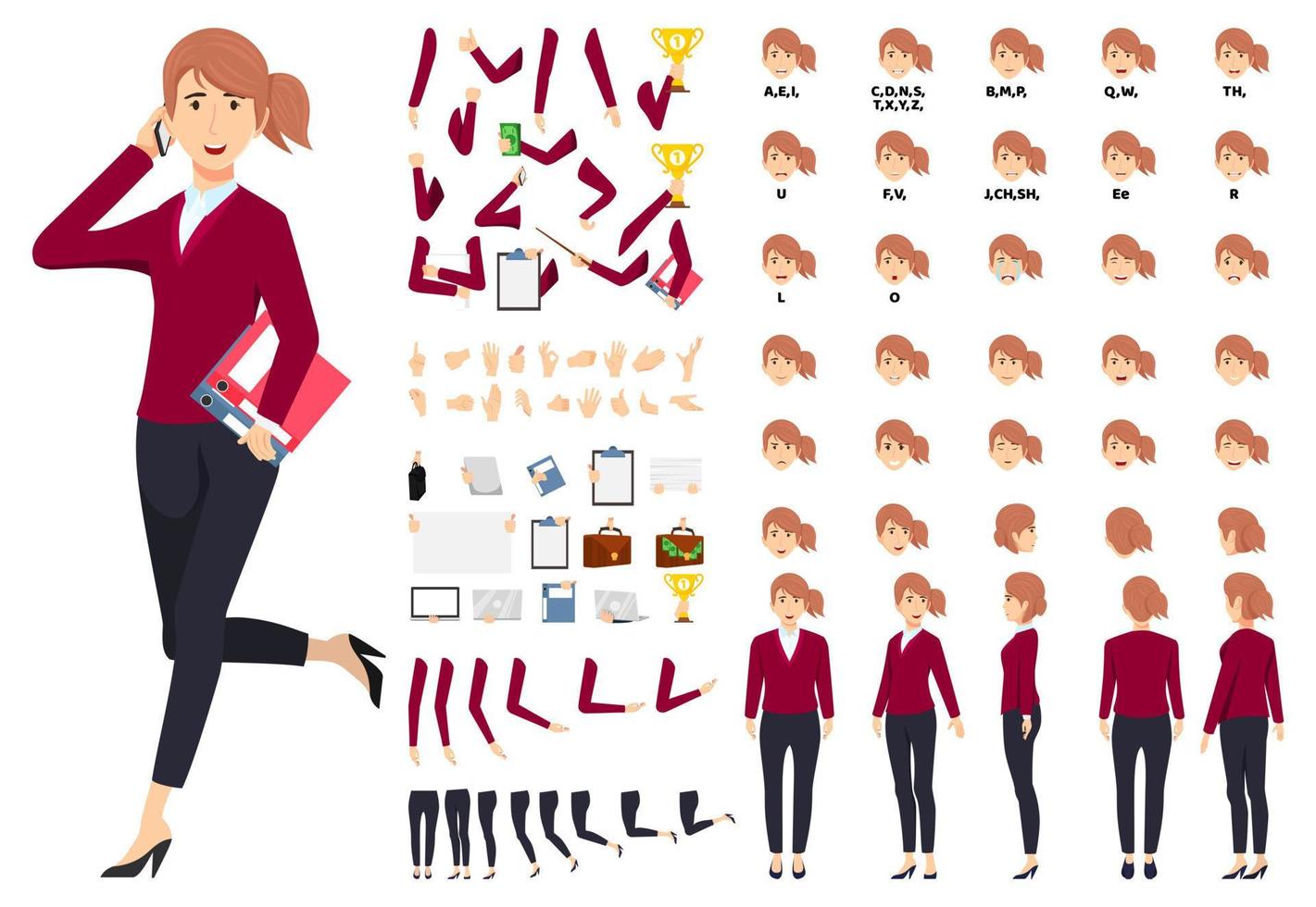 Cartoon businesswoman character standing with file folder and talking with phone with animation set with different position poses lips sync for mouth animation hands set legs set isolated vector