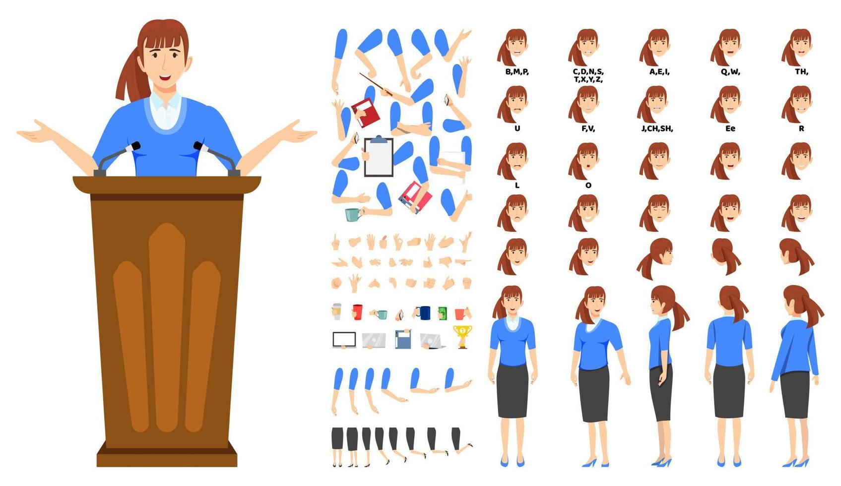 Cartoon businesswoman character standing behind podium and posing with animation set with different position poses lips sync for mouth animation hands set legs set vector