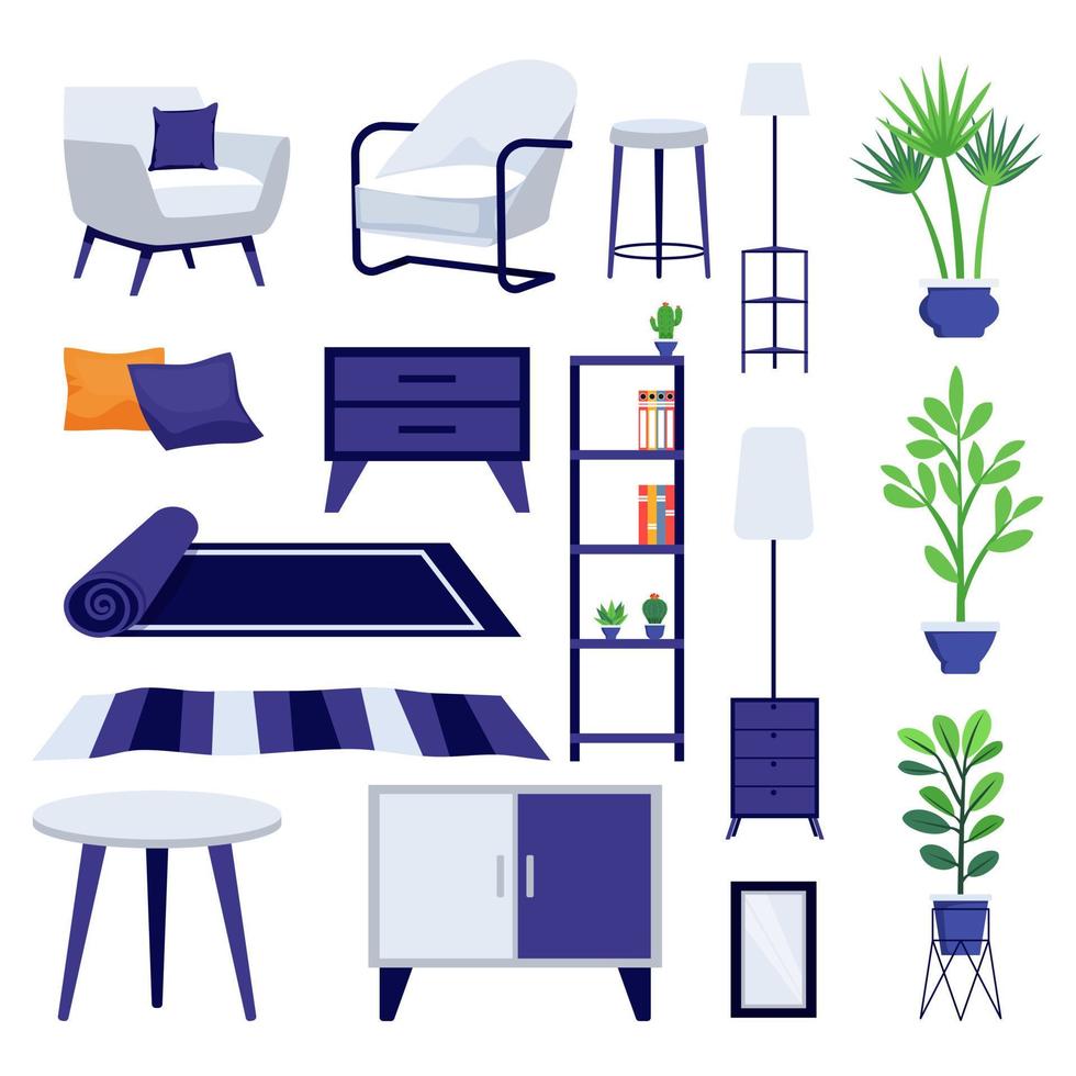 Modern beautiful living room interior furniture set with sofa cabinet and lamp mat and house plant with colorful design vector