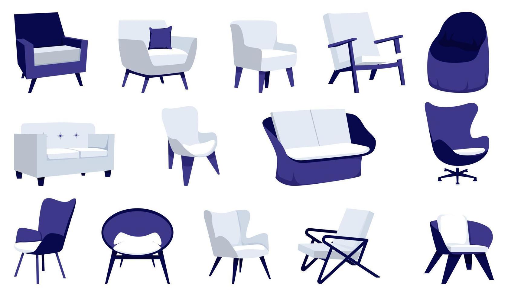 Modern chair and armchair big set with different design shape and size and color for home and office sofa vector
