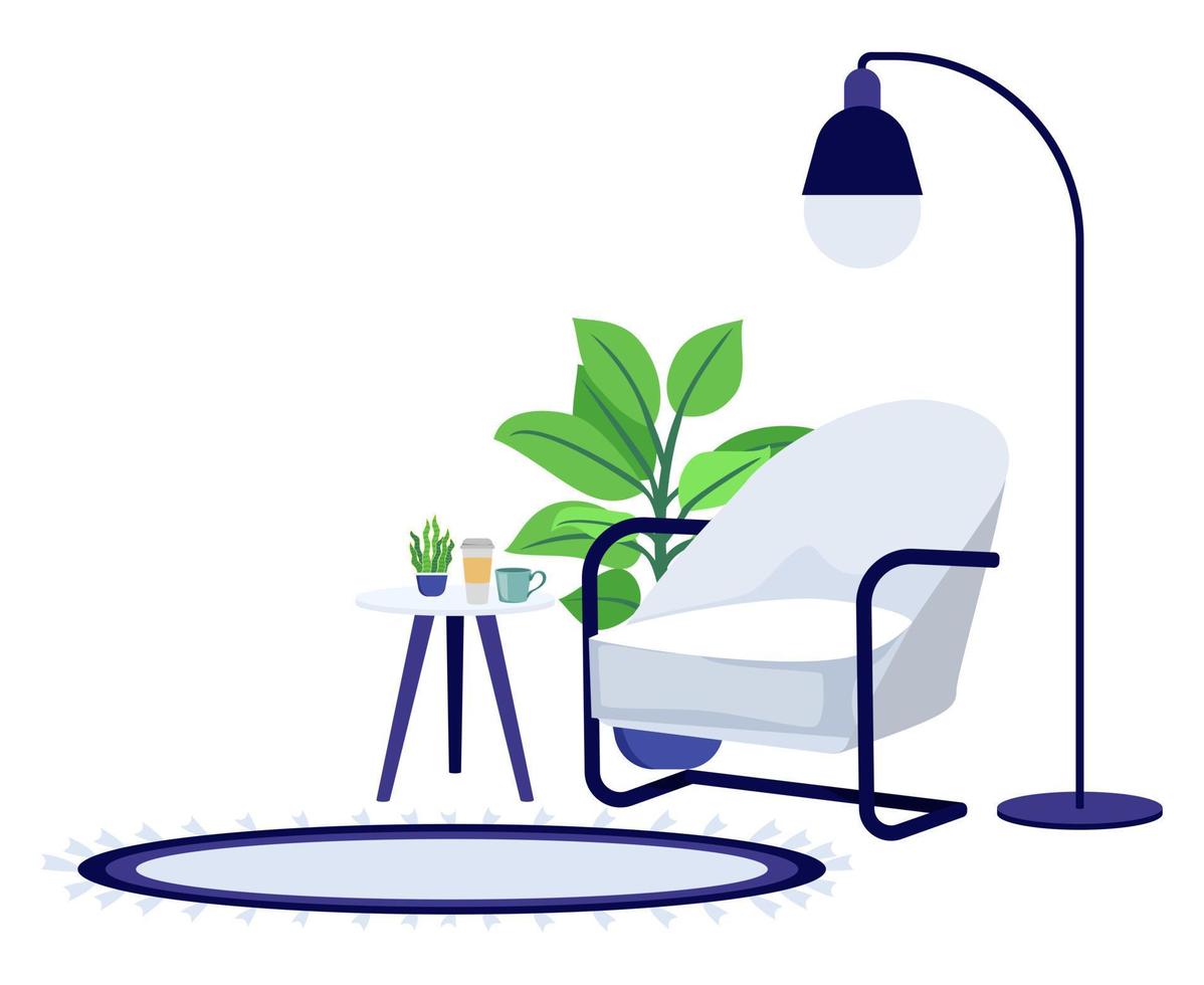 Home office freelancer workplace illustration with modern armchair floor lamp and with house plant  mat vector