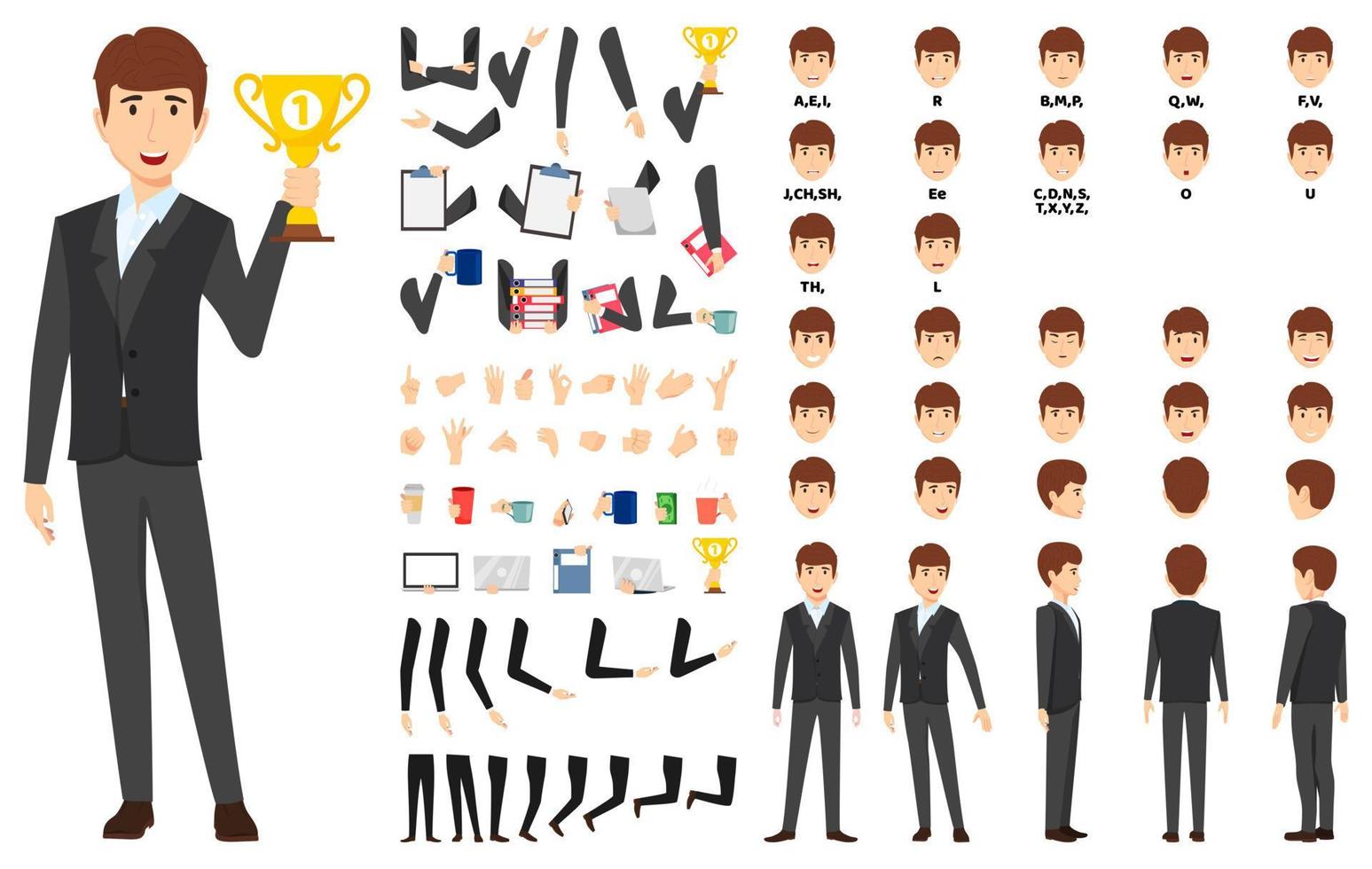 Cartoon businessman character standing with trophy with animation set with different position poses lips sync for mouth animation hands set legs set vector