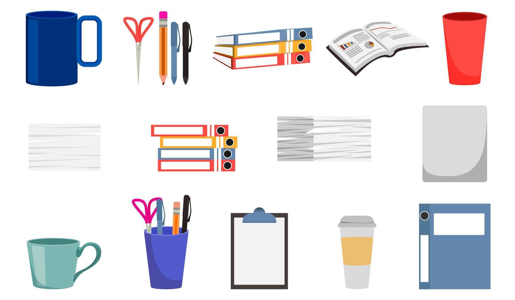 Office equipment set with different equipments files folder clipboard some paper pile vector