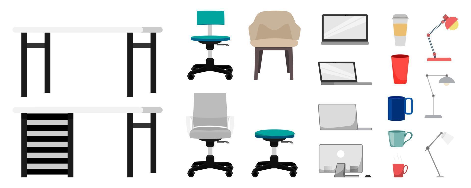 Equipment set for office home office set with chair table pc laptop pc board and coffee mug vector