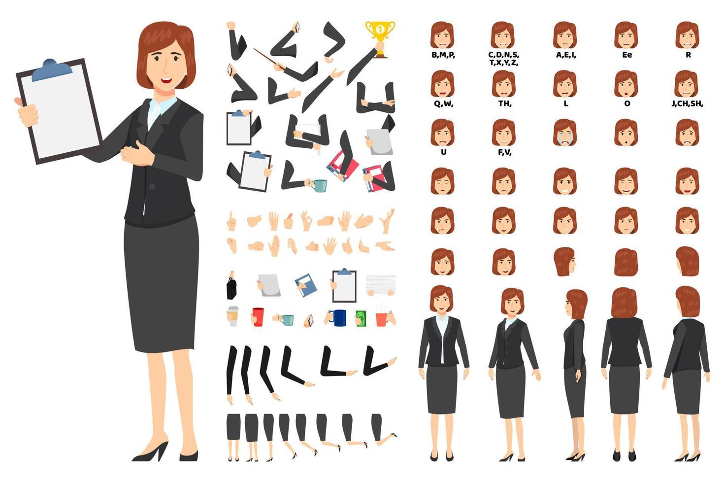 Cartoon businesswoman character standing with clipboard and pointing to with animation set with different position poses lips sync for mouth animation hands set legs set isolated on white background vector