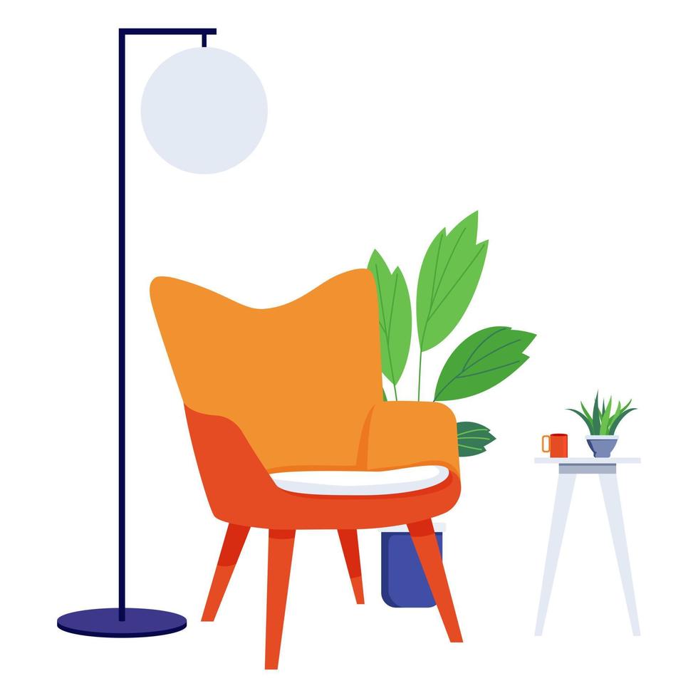 Home office freelancer workplace illustration with modern armchair floor lamp and with house plant vector