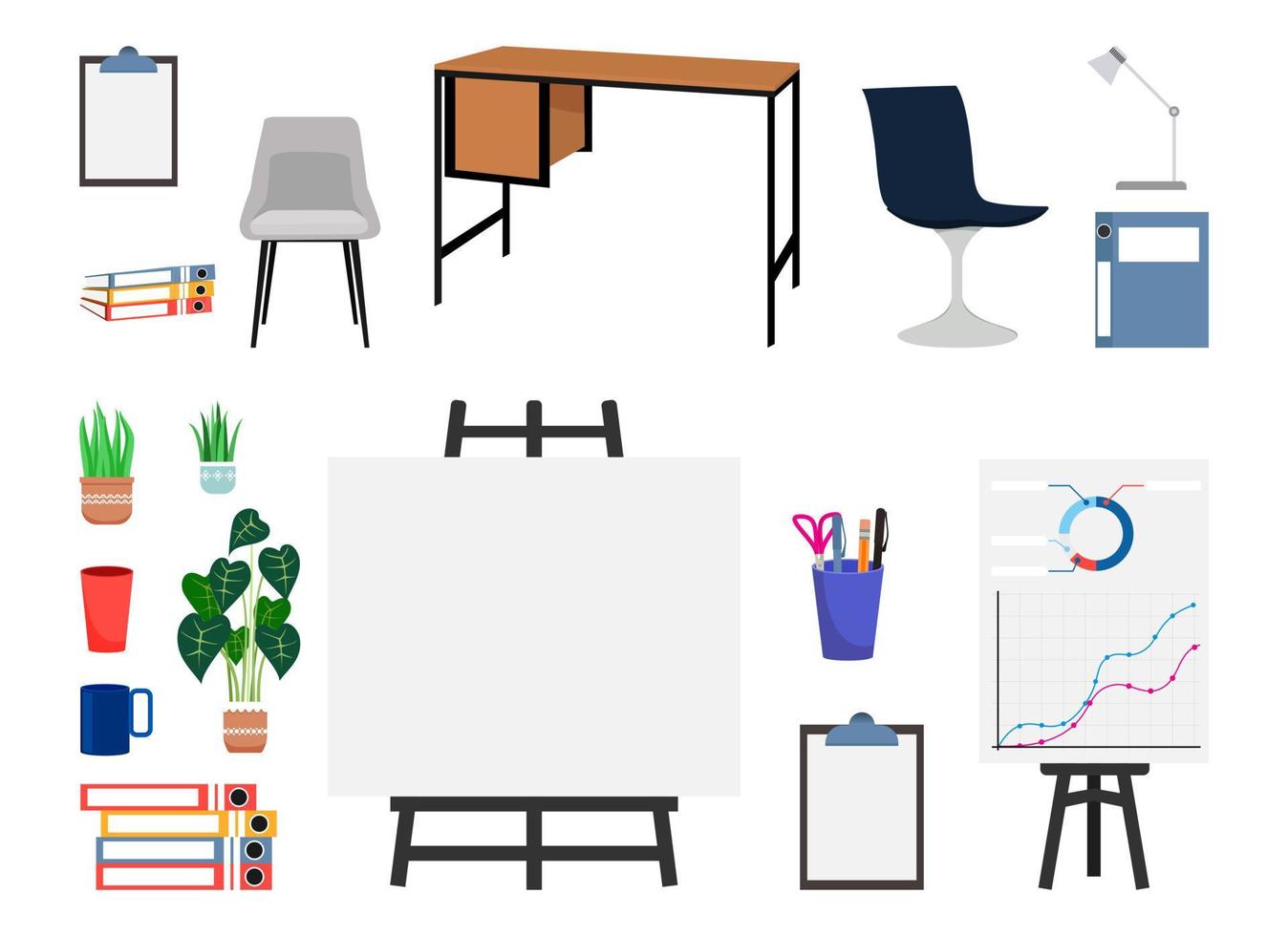 Office equipment set with different equipments files folder clipboard some paper pile chair table pc lamp plant vector