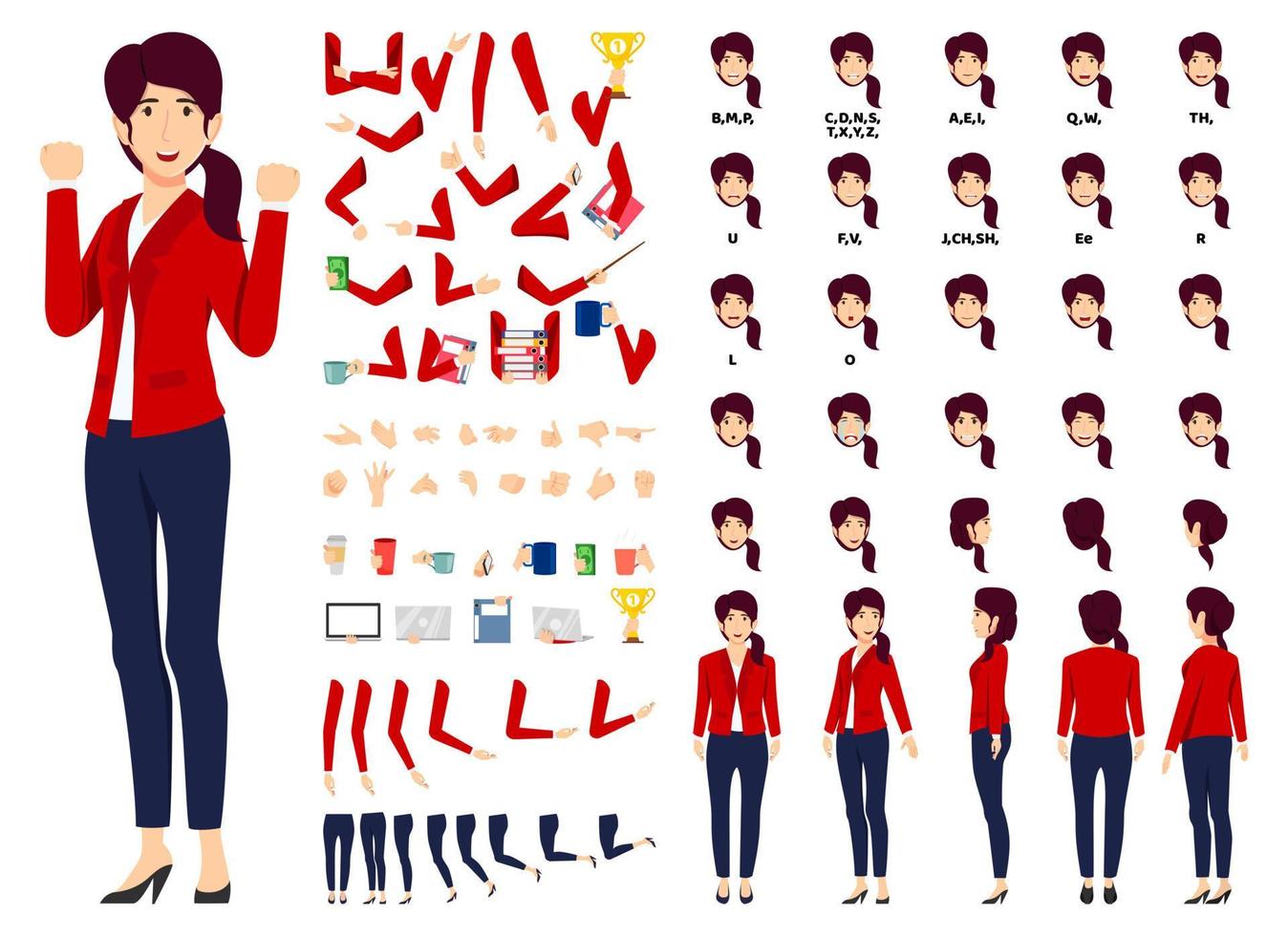 Cartoon businesswoman character standing and posing with animation set with different position poses lips sync for mouth animation hands set legs set vector