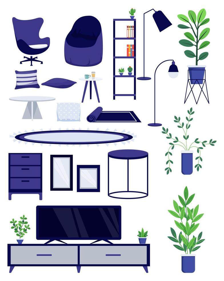 Modern beautiful living room interior furniture set with sofa cabinet and lamp mat and house plant with colorful design isolated vector