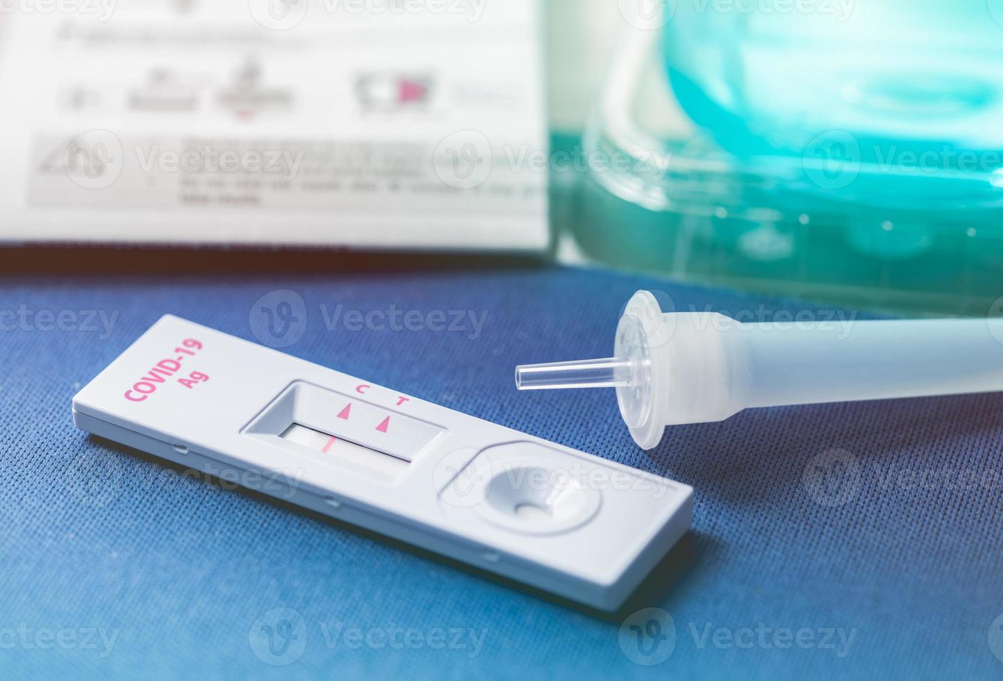 Covid 19 antigen self test for nasal swab with positive result. Antigen test kit for home use to detection coronavirus infection. Negative test result from rapid antigen test. Coronavirus diagnosis. photo