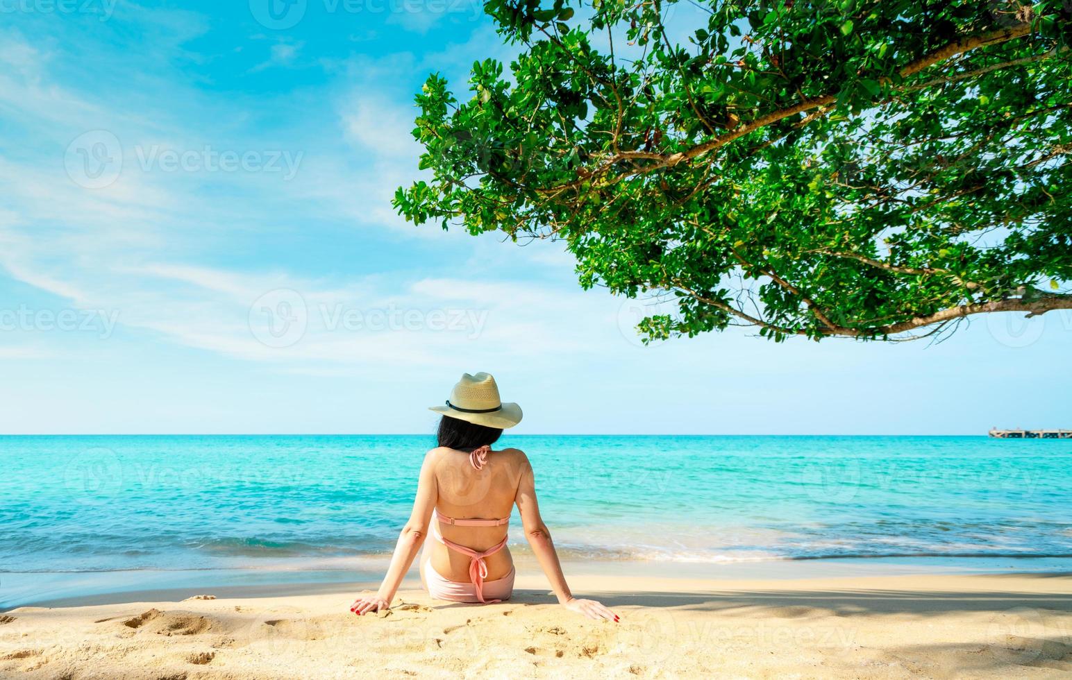 Back view of happy young Asian woman in pink swimsuit and straw hat relaxing and enjoy holiday at tropical paradise beach on vacation. Girl in summer vacation fashion. Beauty sexy model. Summer vibes. photo