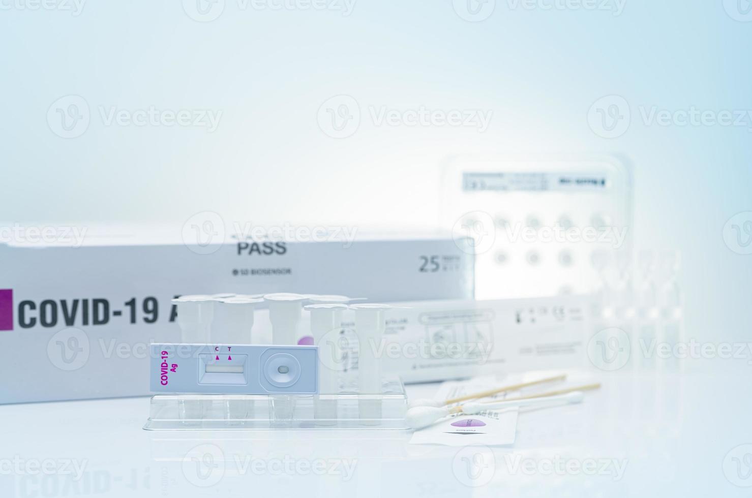 Covid 19 antigen self test for nasal swab. Antigen test kit for home use to detection coronavirus infection. Rapid antigen test. Corona virus diagnosis. Medical device for covid-19 Antigen test. photo