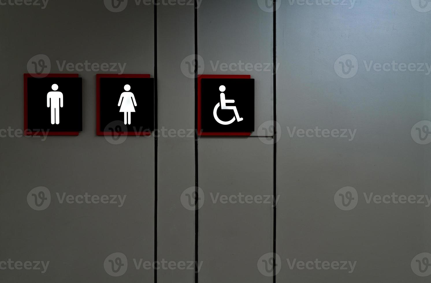 Public toilet sign. Woman, men,and disabled person toilet icon. Public restroom universal icon. Urinary incontinence problem. Male, female and disabled access symbol. Latrine or WC. Washroom sign. photo